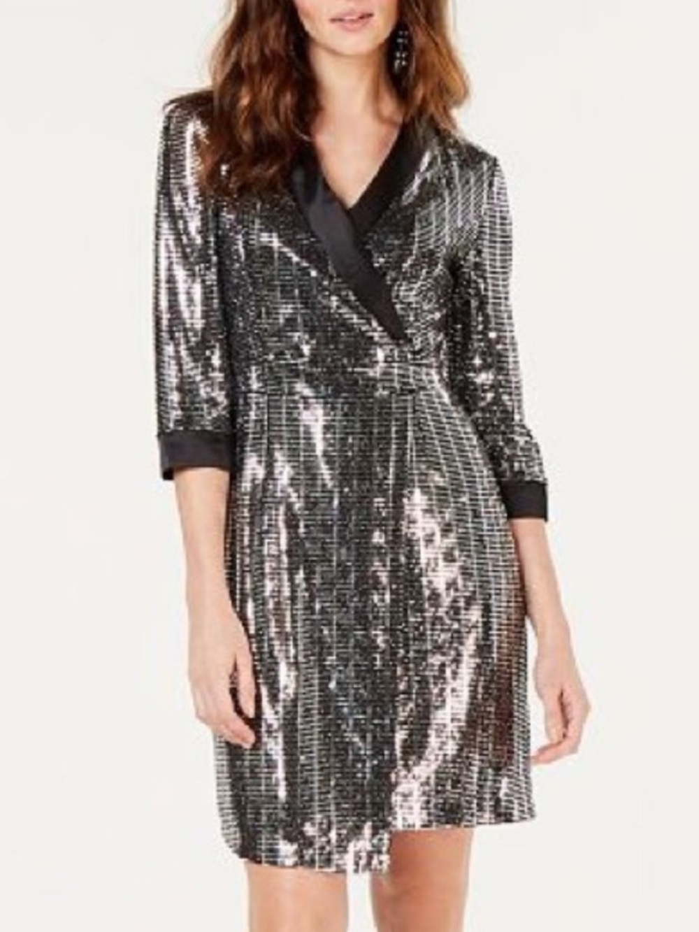 INC International Concepts Silver Sequin Tuxedo Wrap Mini Dress